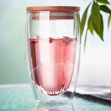 Double Wall Glass Tumbler With Wooden Lid- Borosilicate Glass 14oz.